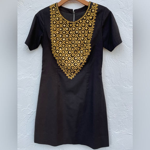 Vintage 60’s Boho Embroidery & Mirrored Discs Black Dress Size Small - Picture 2 of 9